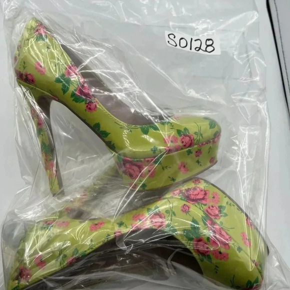 Betsey Johnson NEW Women 5M Floral Green High Heel Platform Pumps Lace Up Ribbon - Picture 13 of 15
